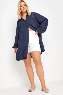 Yours Curve Navy Blue Tiered Crochet Detail Shirt