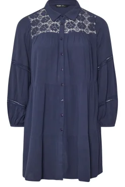 Yours Curve Navy Blue Tiered Crochet Detail Shirt
