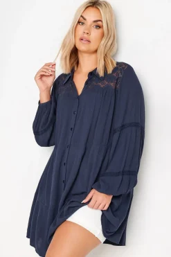 Yours Curve Navy Blue Tiered Crochet Detail Shirt