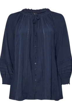 Yours Curve Navy Blue Tie Neck Pintuck Top