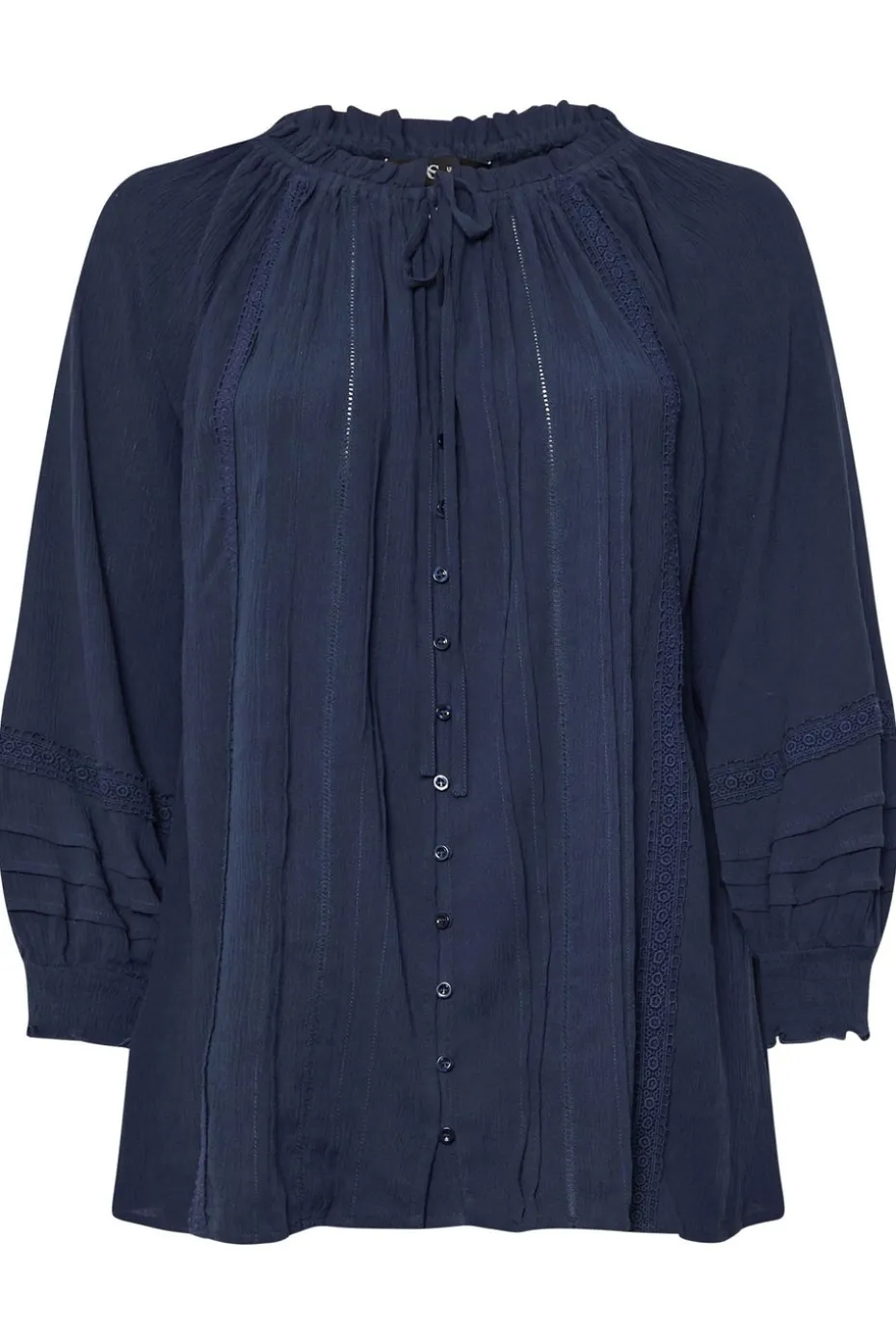 Yours Curve Navy Blue Tie Neck Pintuck Top