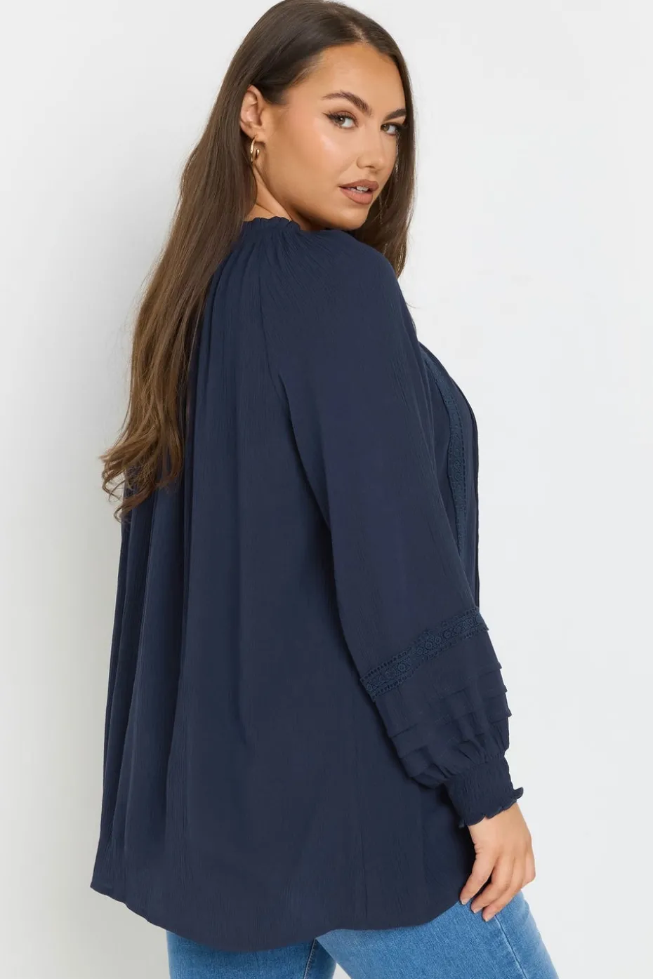 Yours Curve Navy Blue Tie Neck Pintuck Top