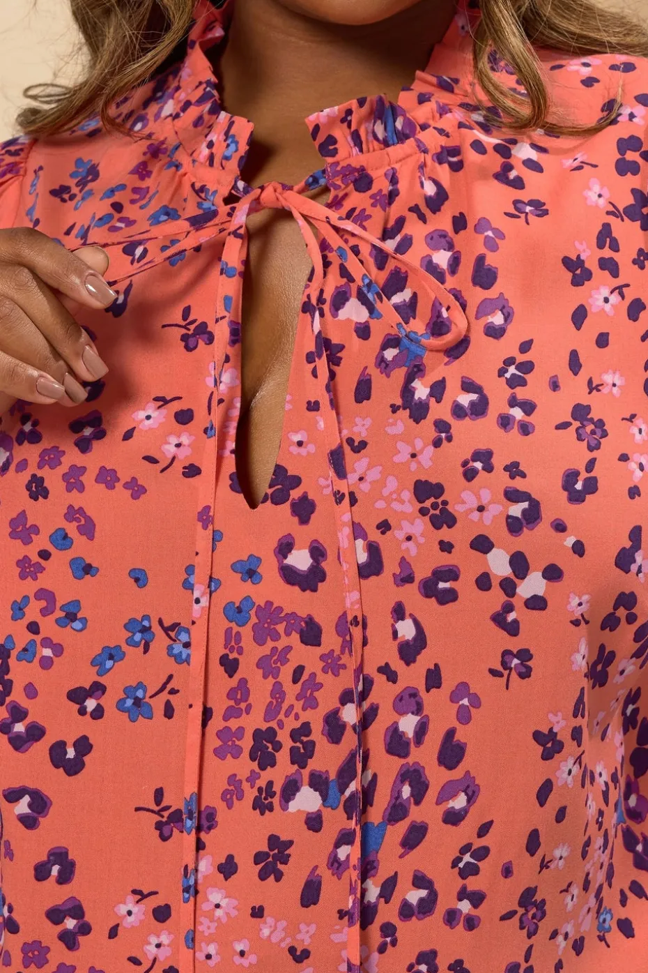 Yours Curve Orange Floral Tie Neck Blouse