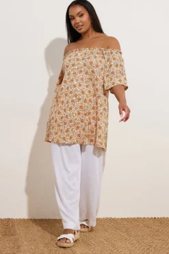 Yours Curve Orange Textured Leaf Print Bardot Top