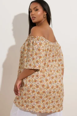 Yours Curve Orange Textured Leaf Print Bardot Top