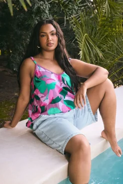 Yours Curve Pink Abstract Print Lace Trim Cami Top