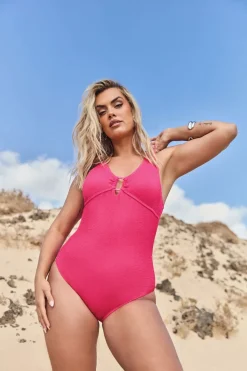 Yours Curve Pink Buckle Textured Swimsuit