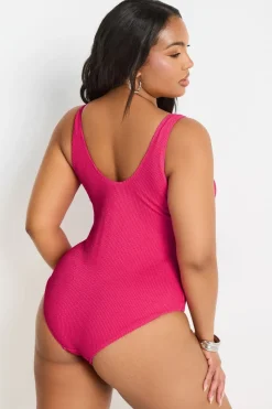Yours Curve Pink Buckle Textured Swimsuit