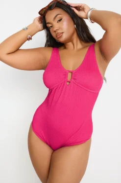 Yours Curve Pink Buckle Textured Swimsuit