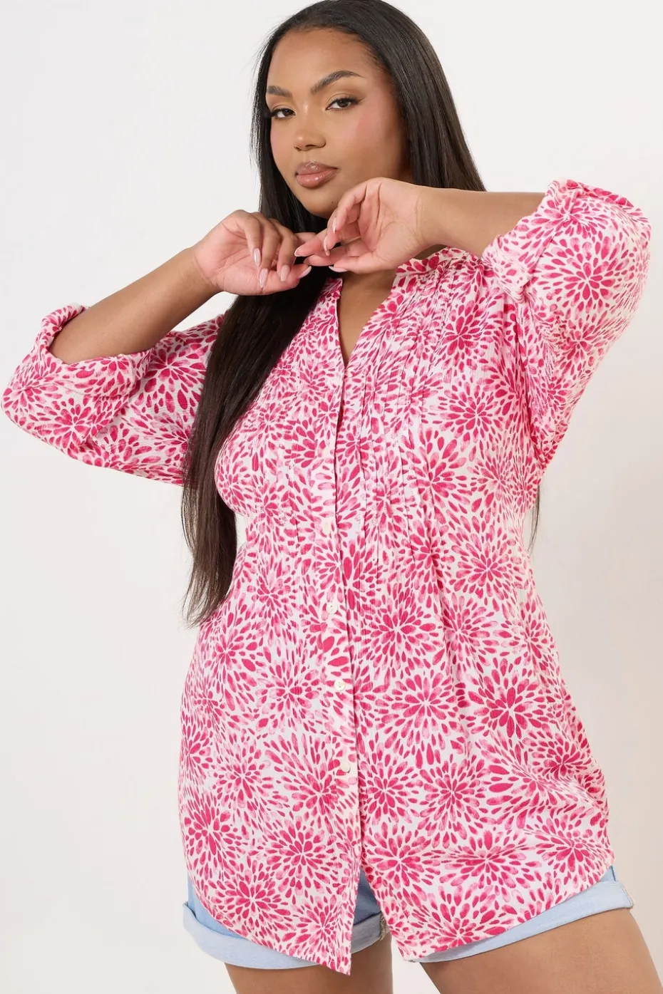 Yours Curve Pink Floral Print Pintuck Blouse