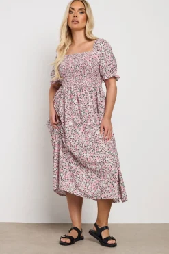 Yours Curve Pink Floral Shirred Square Neck Midaxi Dress