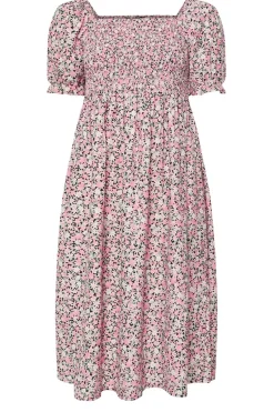 Yours Curve Pink Floral Shirred Square Neck Midaxi Dress