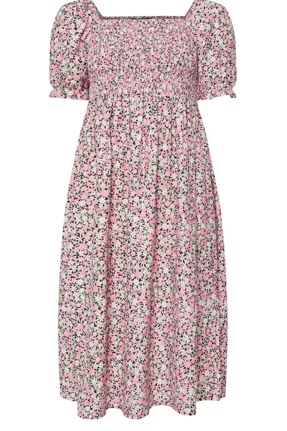 Yours Curve Pink Floral Shirred Square Neck Midaxi Dress