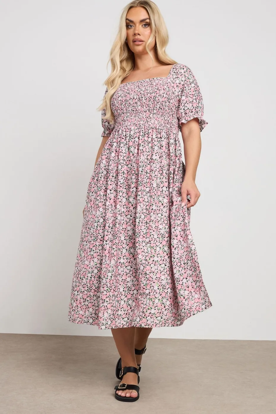 Yours Curve Pink Floral Shirred Square Neck Midaxi Dress