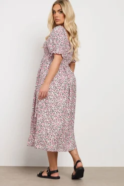 Yours Curve Pink Floral Shirred Square Neck Midaxi Dress