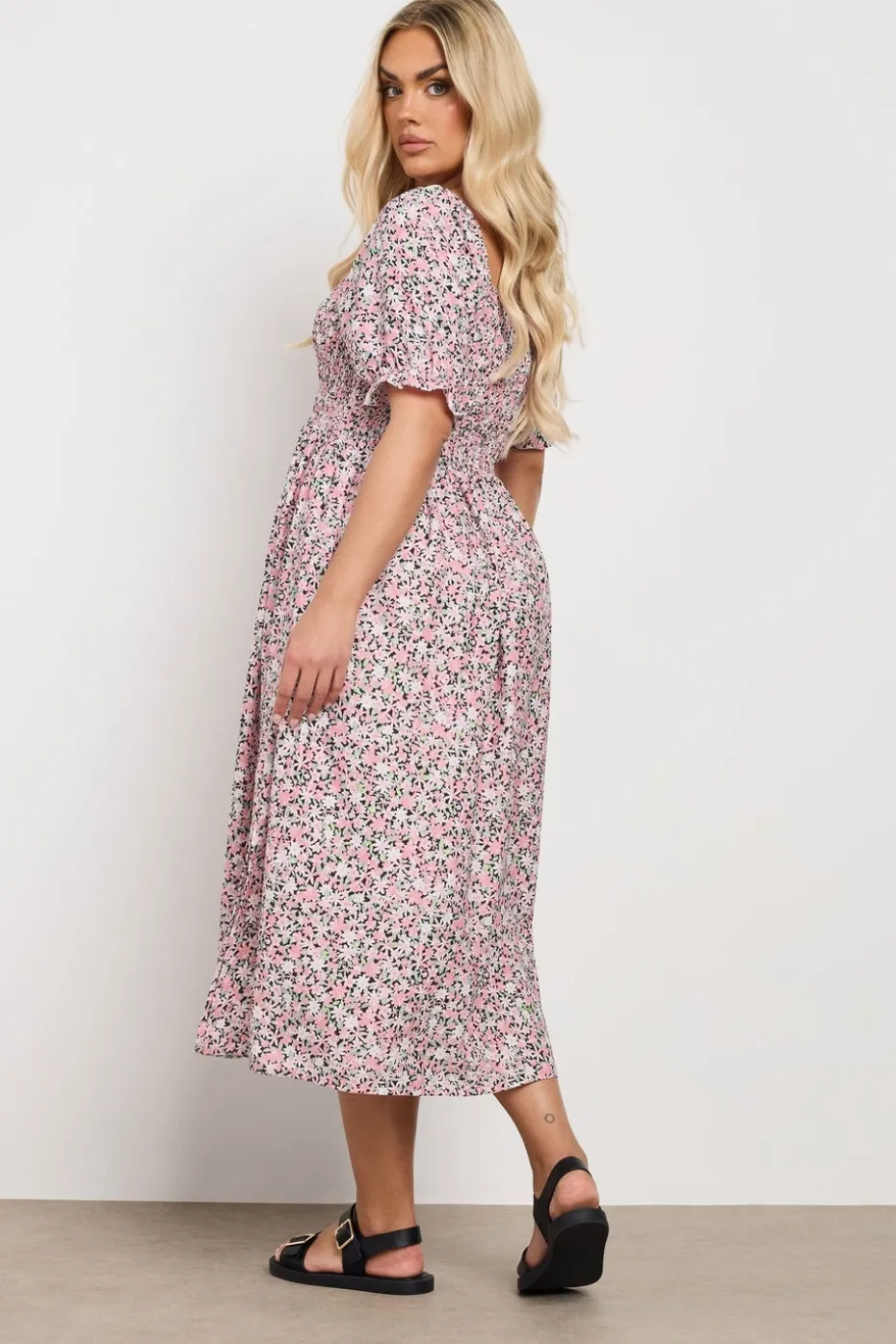 Yours Curve Pink Floral Shirred Square Neck Midaxi Dress