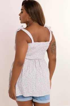 Yours Curve Pink Floral Shirred Tie Sleeve Cami Top