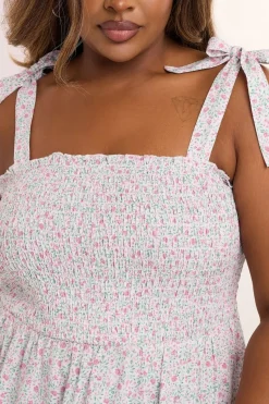 Yours Curve Pink Floral Shirred Tie Sleeve Cami Top