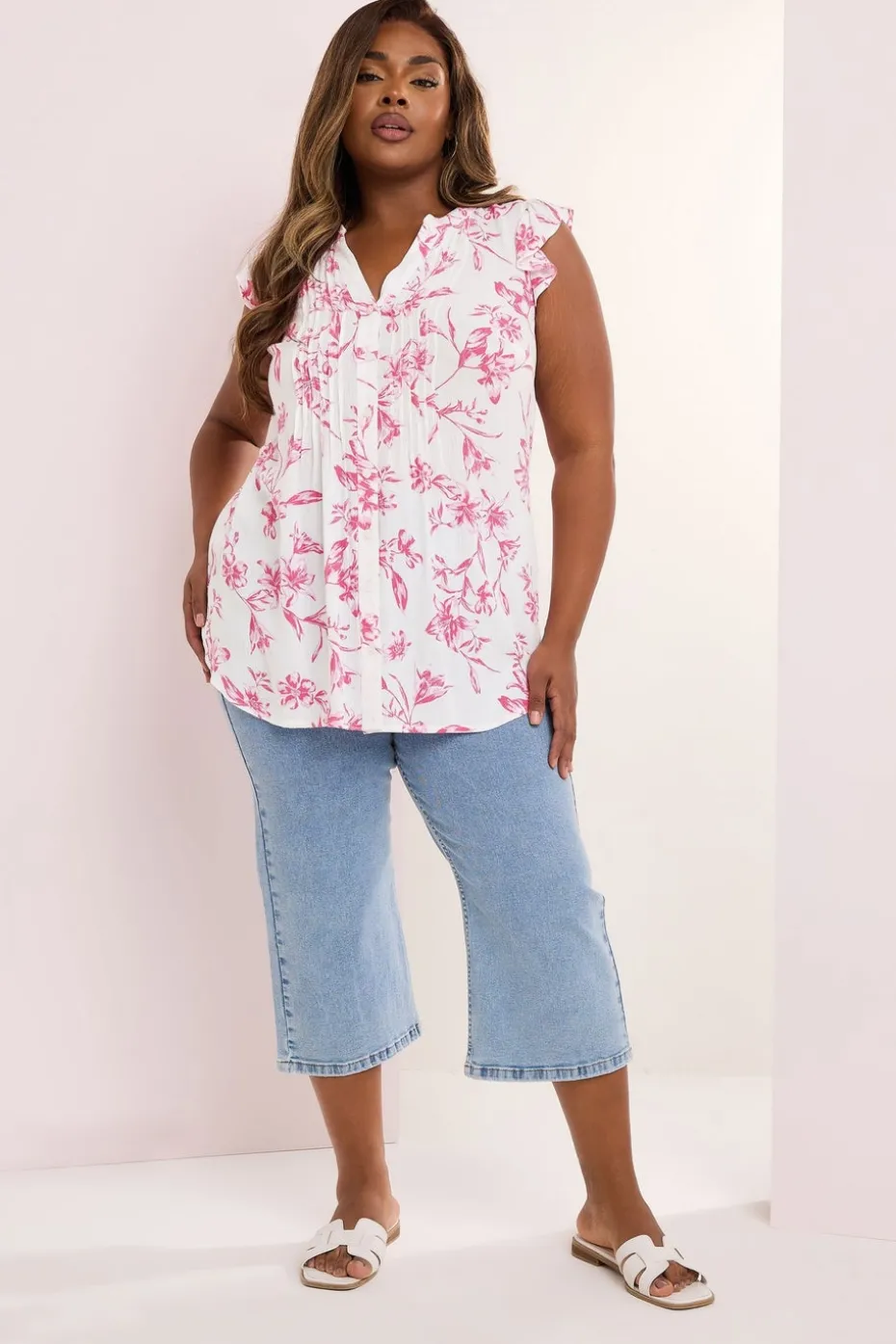Yours Curve Pink Floral Sleeveless Pintuck Blouse