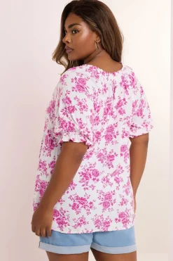 Yours Curve Pink Rose Print Notch Neck Blouse