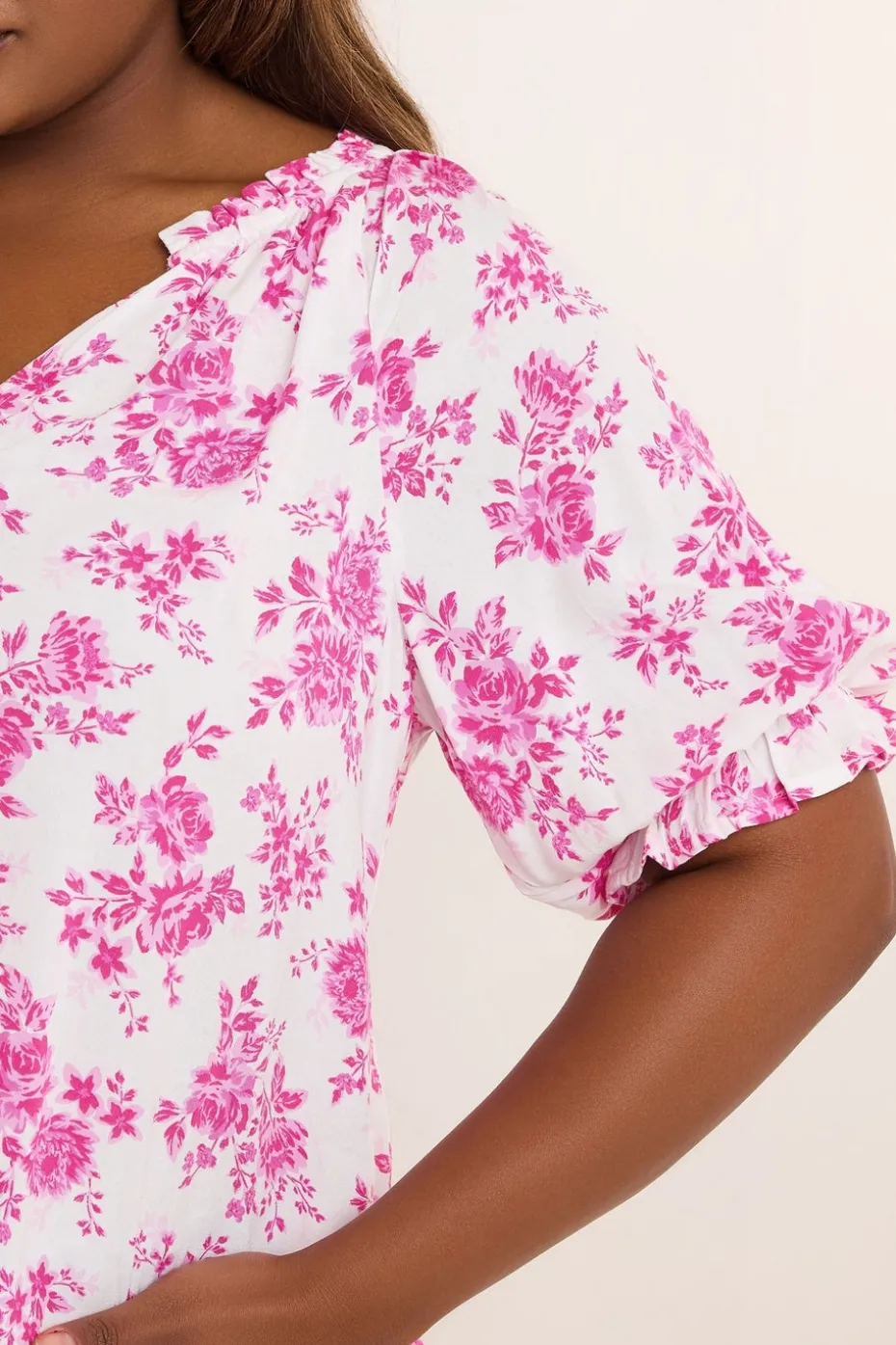 Yours Curve Pink Rose Print Notch Neck Blouse