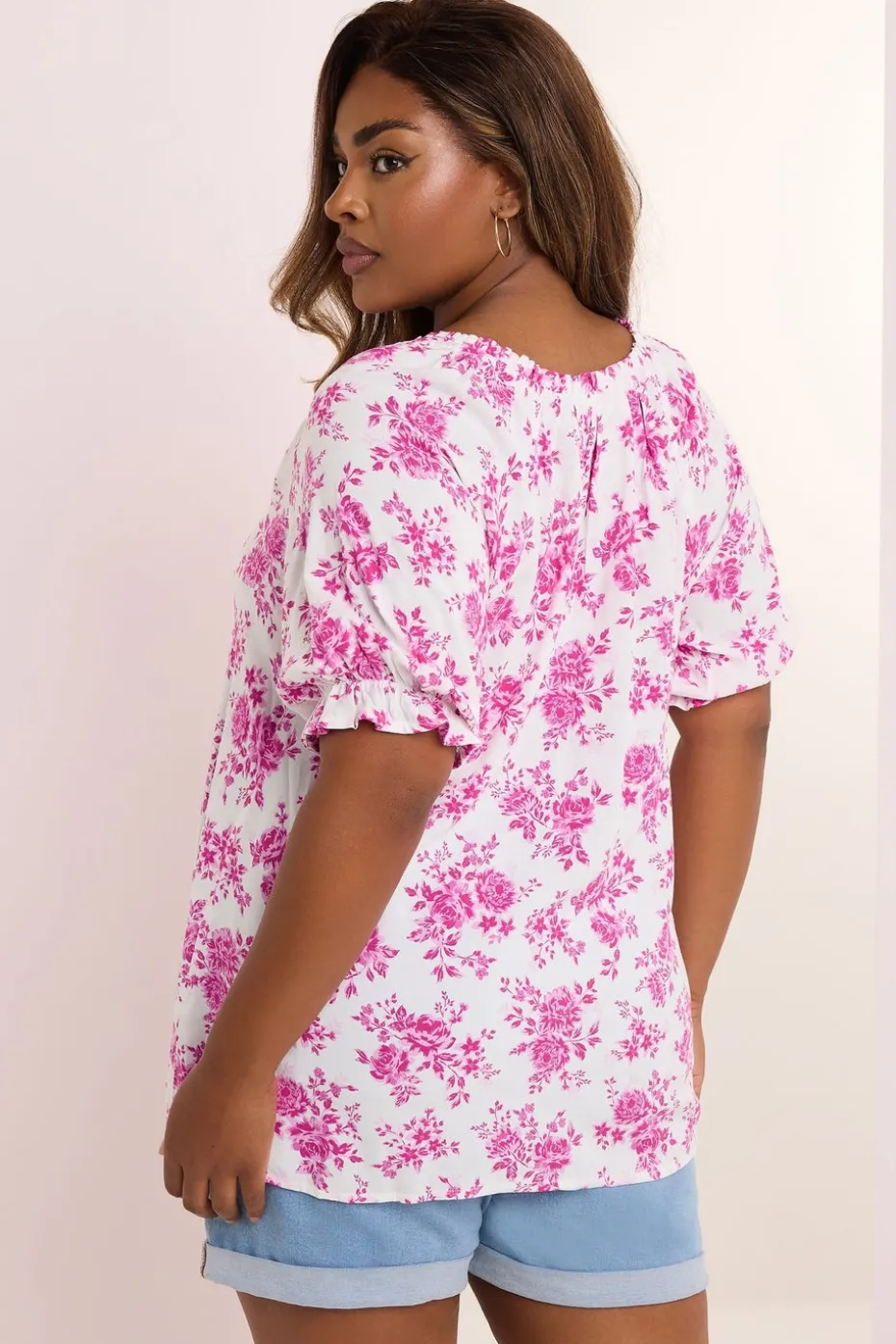 Yours Curve Pink Rose Print Notch Neck Blouse