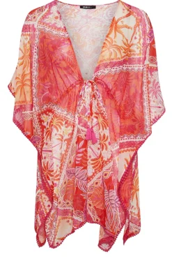 Yours Curve Pink Tropical Palm Print Chiffon Kimono