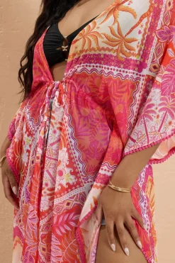 Yours Curve Pink Tropical Palm Print Chiffon Kimono