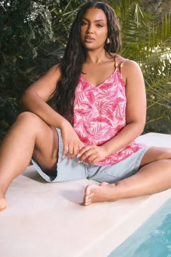 Yours Curve Pink Tropical Leaf Print Cami Top