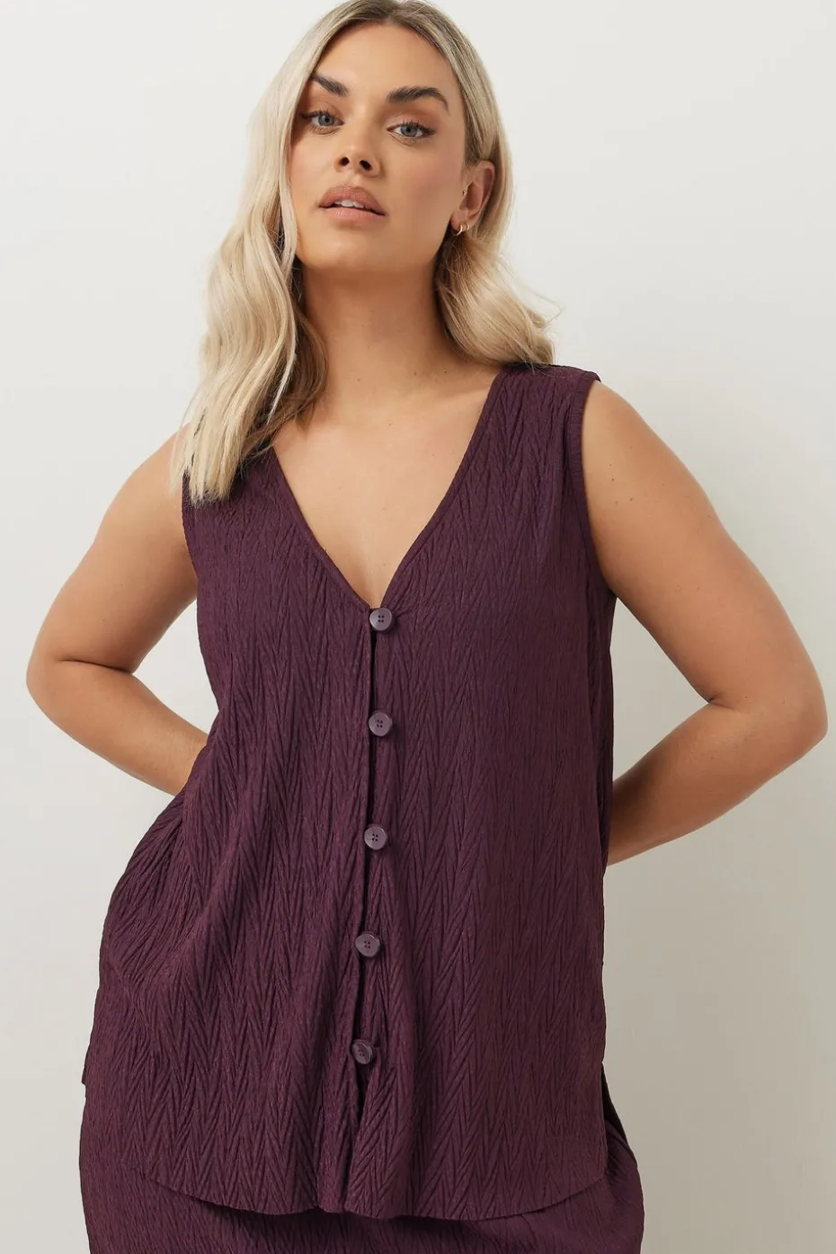 Yours Curve Purple Crinkle Plisse Waistcoat