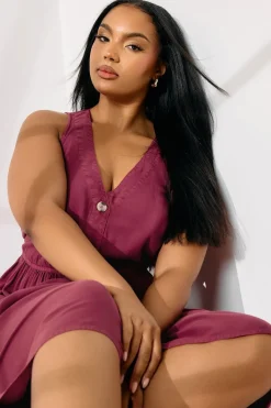 Yours Curve Red Sleeveless Button Through Chambray Dress