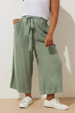 Yours Curve Sage Green Chambray Tie Waist Cropped Trousers