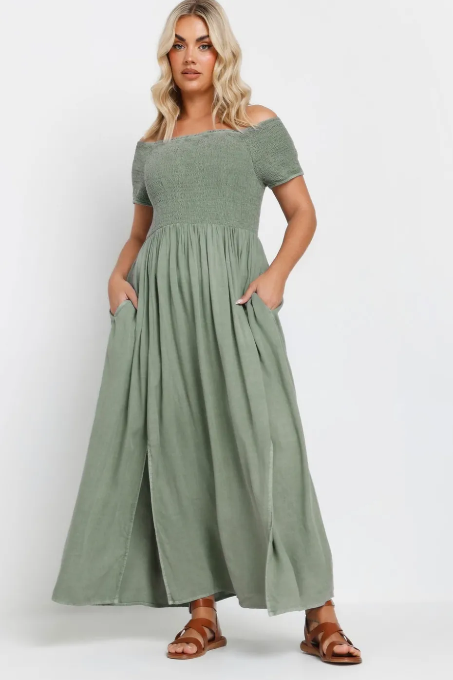 Yours Curve Sage Green Shirred Bardot Chambray Maxi Dress