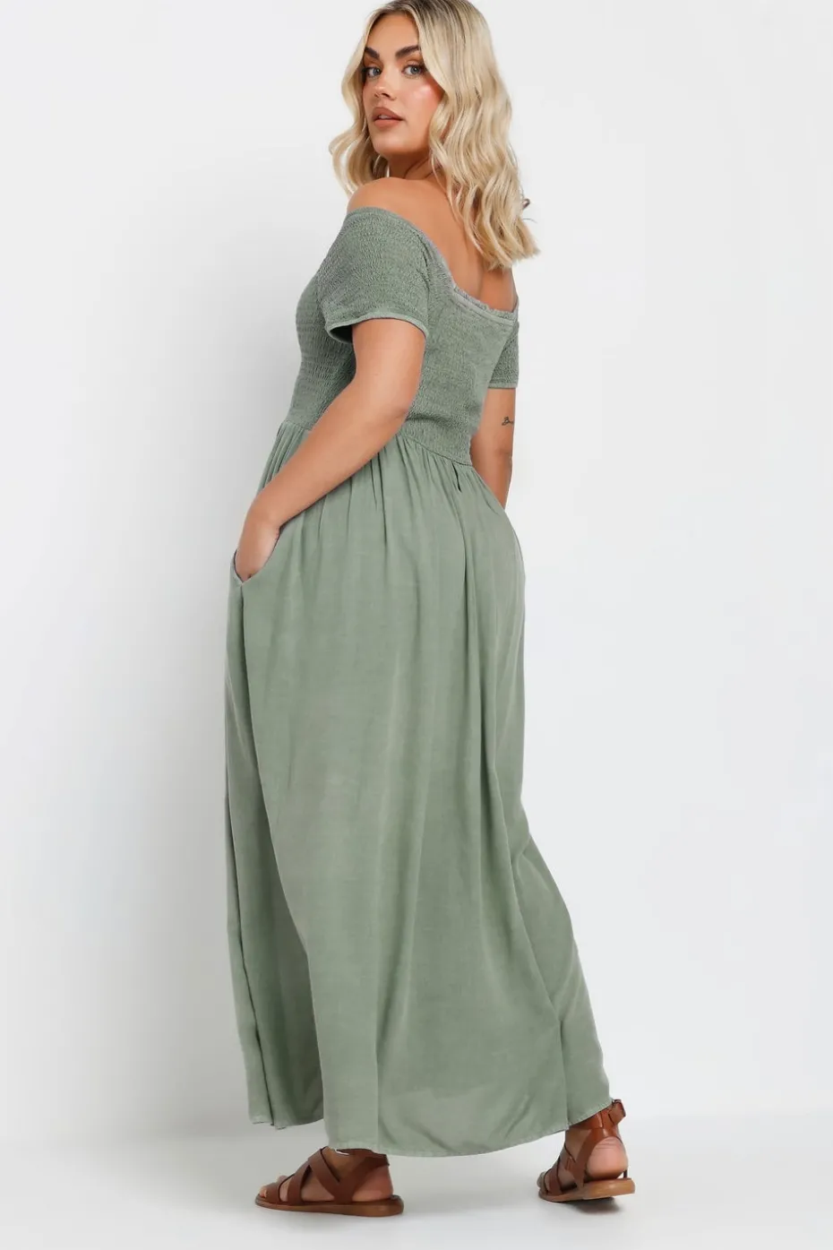 Yours Curve Sage Green Shirred Bardot Chambray Maxi Dress