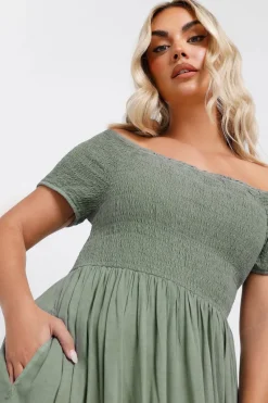 Yours Curve Sage Green Shirred Bardot Chambray Maxi Dress