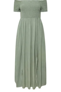 Yours Curve Sage Green Shirred Bardot Chambray Maxi Dress