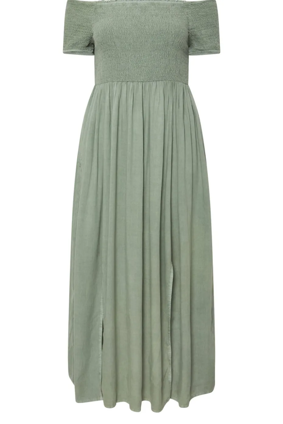 Yours Curve Sage Green Shirred Bardot Chambray Maxi Dress