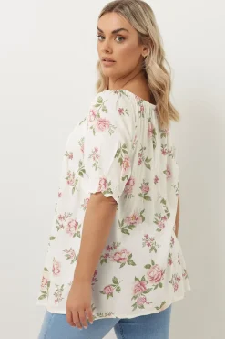 Yours Curve White & Pink Floral Tie Neck Blouse