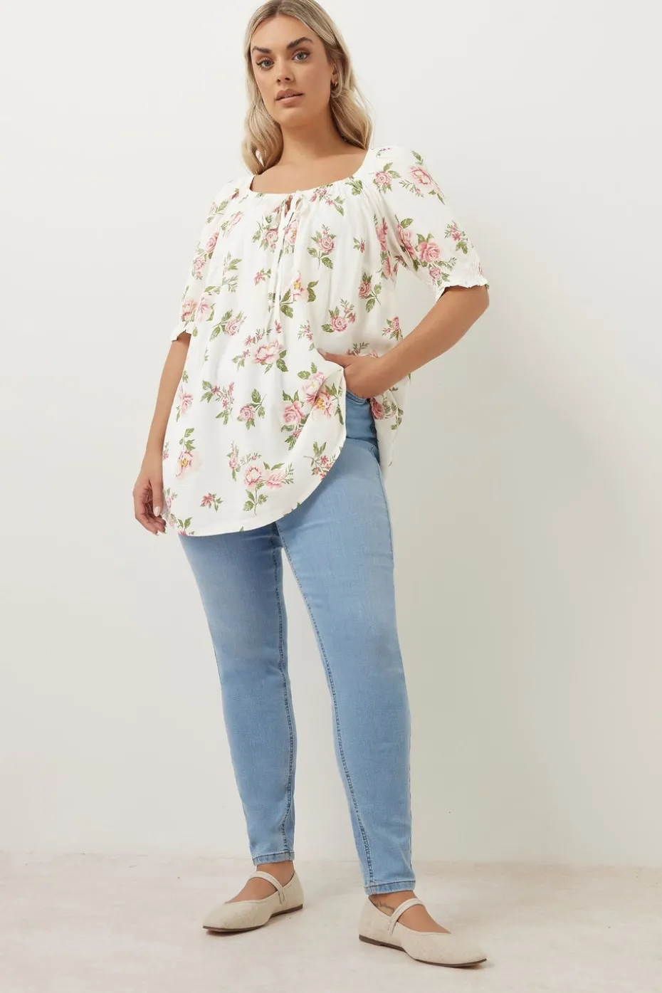 Yours Curve White & Pink Floral Tie Neck Blouse