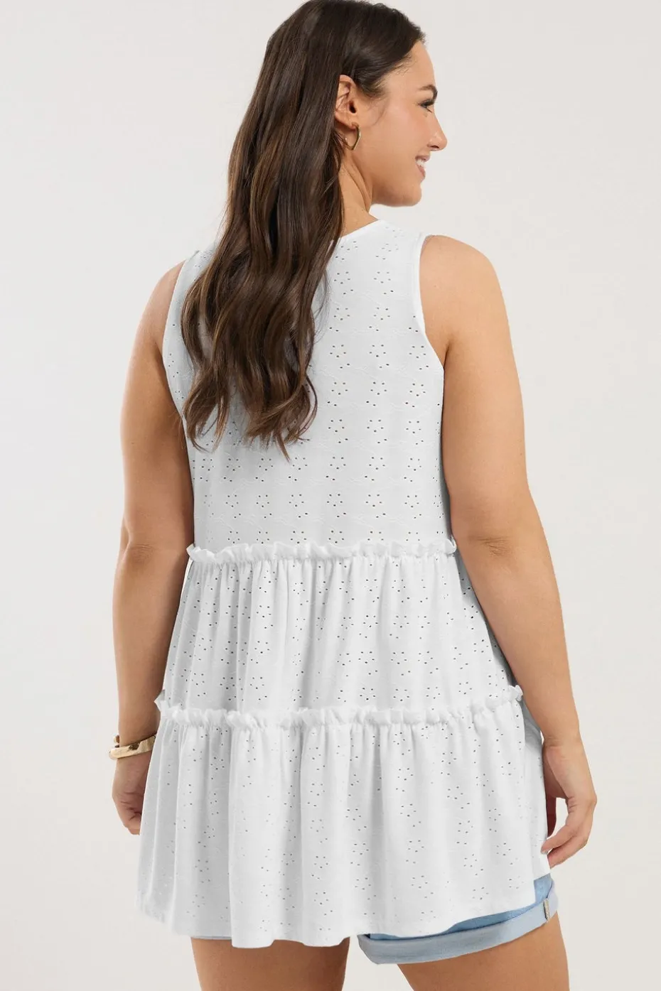 Yours Curve White Broderie Anglaise Tiered Vest Top
