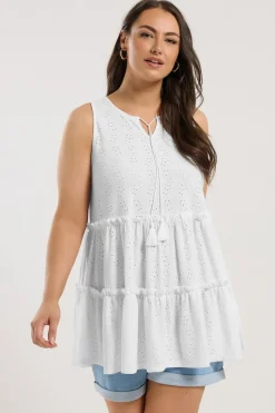 Yours Curve White Broderie Anglaise Tiered Vest Top