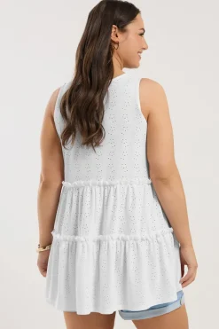 Yours Curve White Broderie Anglaise Tiered Vest Top