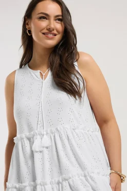 Yours Curve White Broderie Anglaise Tiered Vest Top