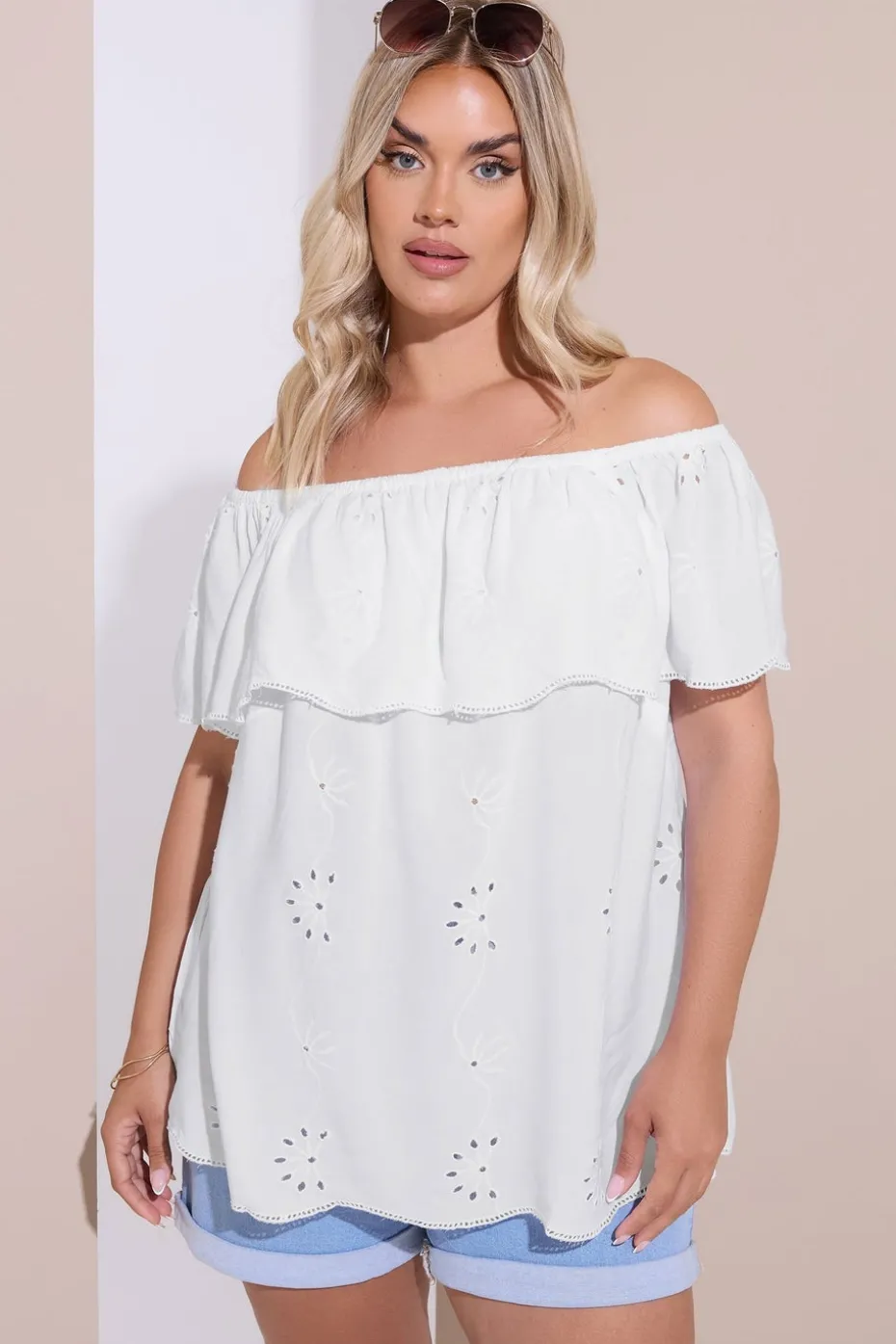 Yours Curve White Broderie Anglaise Bardot Top
