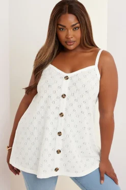 Yours Curve White Broderie Anglaise Button Vest Top