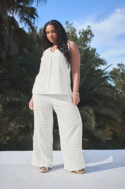 Yours Curve White Broderie Anglaise Wide Leg Trousers