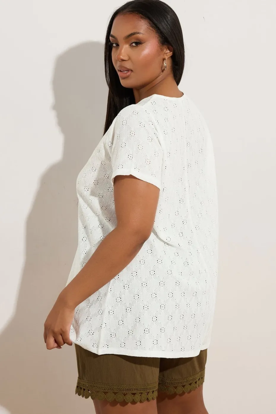 Yours Curve White Broderie Anglaise Textured Swing Top