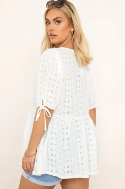 Yours Curve White Broderie Anglaise Bow Tie Front Peplum Top