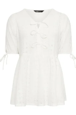 Yours Curve White Broderie Anglaise Bow Tie Front Peplum Top