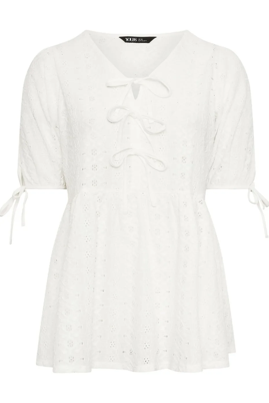 Yours Curve White Broderie Anglaise Bow Tie Front Peplum Top